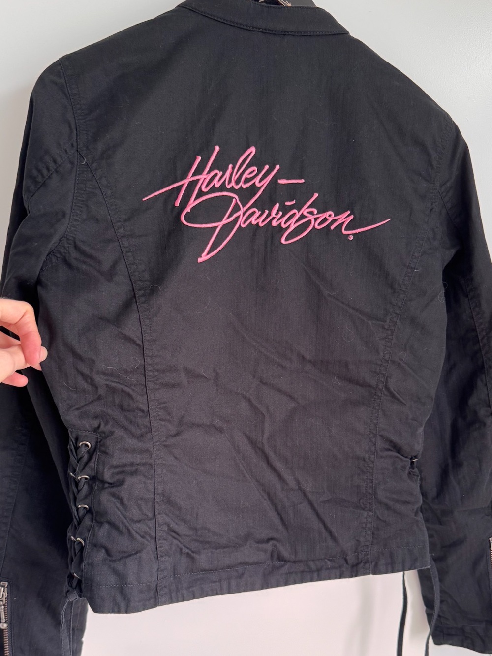 Harley-Davidson Black Cotton Side Lace Up Moto Jacket Pink Script Logo S - Picture 3 of 16